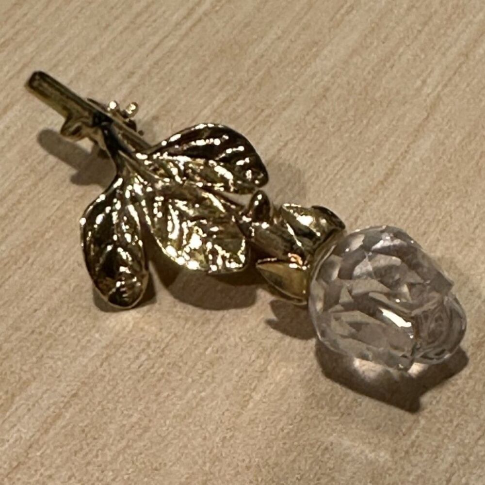 Vintage Gold Tone Crystal Rosebud Brooch Pin Faceted Glass Rose Flower